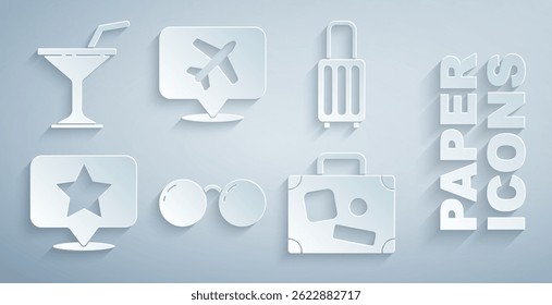 Set Glasses, Suitcase, Map pointer with star, Speech bubble airplane and Martini glass icon. Vector