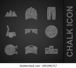 Set Glasses, Sun visor cap, Award over sports winner podium, Golf ball, club, with, pants and Mountains icon. Vector