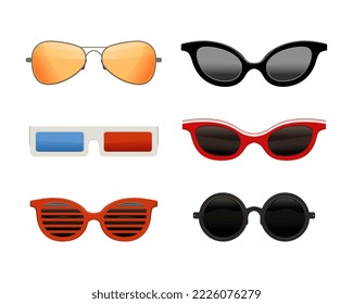Set of glasses and sunglasses. Summer eyewear, sun protection sunglasses and cinema glasses flat vector illustration