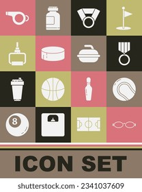 Set Glasses for swimming, Baseball ball, Medal, Hockey puck, TPX loop training equipment, Whistle and Stone curling sport game icon. Vector