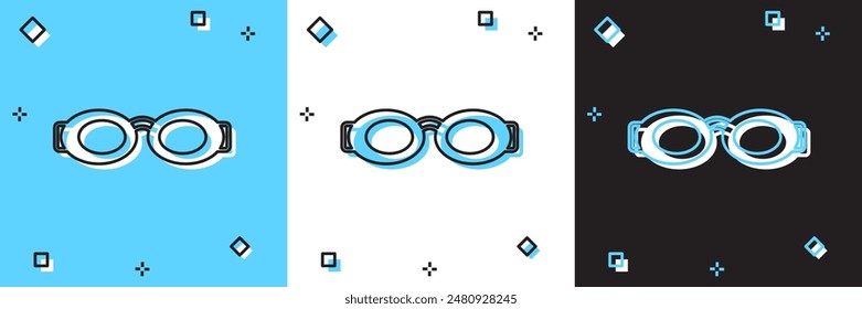 Set Gafas para nadar icono aislado en azul y blanco, fondo negro. Gafas de natación. Equipo de buceo submarino.  Vector