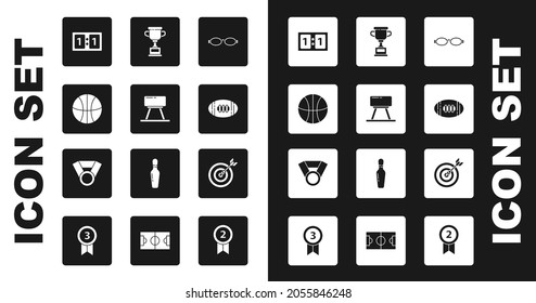 Set Glasses for swimming, Pommel horse, Basketball ball, Sport mechanical scoreboard, American Football, Award cup, Target with arrow and Medal icon. Vector