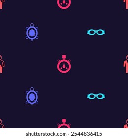 Set Glasses for swimming, Turtle, Stopwatch and Wetsuit scuba diving on seamless pattern. Vector