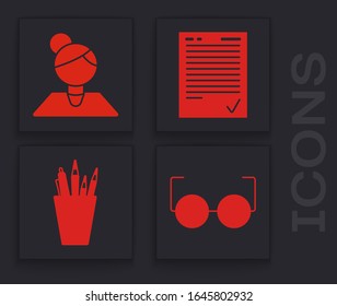 Set Glasses, Teacher, Exam sheet with check mark and Pencil case stationery icon. Vector