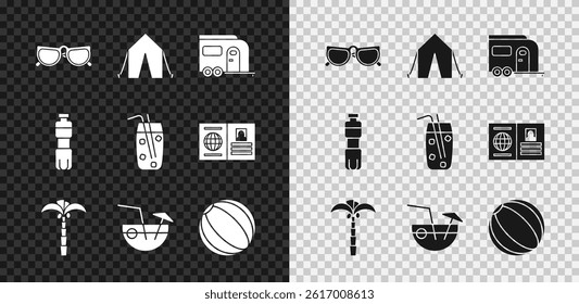 Set Glasses, Tourist tent, Rv Camping trailer, Tropical palm tree, Coconut cocktail, Beach ball, Bottle of water and Cocktail and alcohol drink icon. Vector