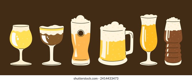 A set of glasses of various shapes filled with different types of beer.