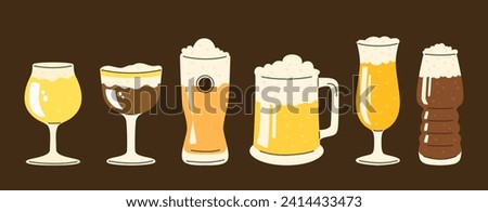A set of glasses of various shapes filled with different types of beer.