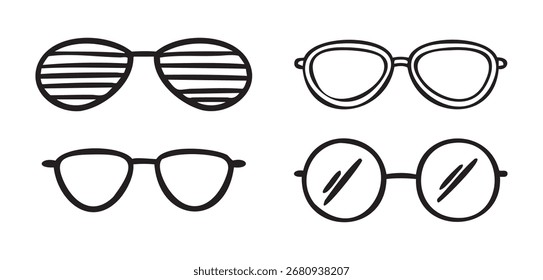 Set of glasses various shapes, hand drawn doodle, line art, monochrome, hand drawn. Vector illustration.