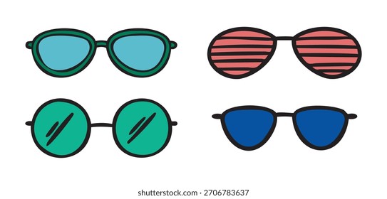 Conjunto de óculos de várias formas, rabiscar desenhado à mão. Ilustração vetorial.