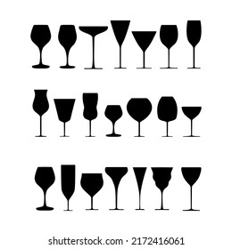 A set of glasses. Vector collection of silhouettes of black wine glasses of different shapes. White background