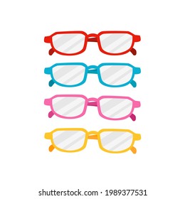 Conjunto de ilustraciones vectoriales de gafas en 4 colores diferentes rojo, azul, rosa y amarillo en estilo de diseño plano. Perfecto para elementos de moda, lectura o estudio de vuelta a la decoración de elementos de tema escolar