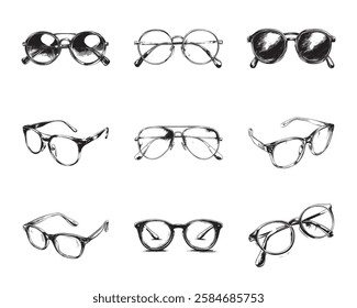 Set of glasses vector illustrations - hand drawn glasses - black and white glasses isolated on white background