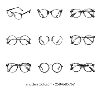 Set of glasses vector illustrations - hand drawn glasses - black and white glasses isolated on white background