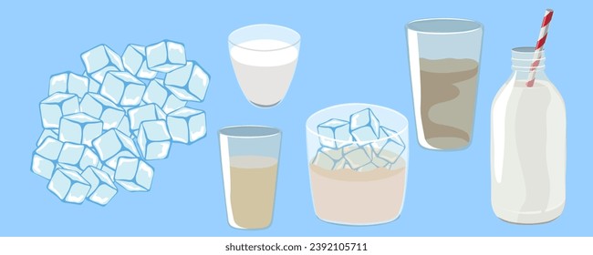 set of glasses in vector. objects in semi-realism style. mug with milk, glass with ice, ice cubes. objects for design of website application, leaflet, booklet, advertising and packaging.