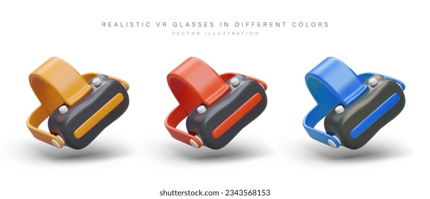 Conjunto de gafas para VR. Dispositivos de diferentes colores. Ilustración 3D sobre fondo blanco. Gadget para la encuesta circular de la realidad aumentada. Simulación informática
