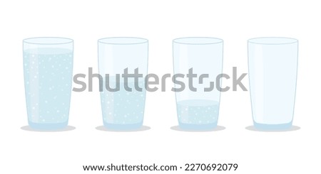 Set of glasses with water on a white background. Full, half and empty soda glass.