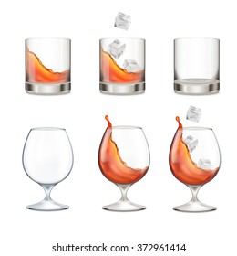 Set of glasses with whiskey and cognac. Mesh with transparency. Vector icon. EPS10 