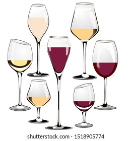 
Conjunto de copas para vino blanco y rojo. Ilustración vectorial en fondo blanco.