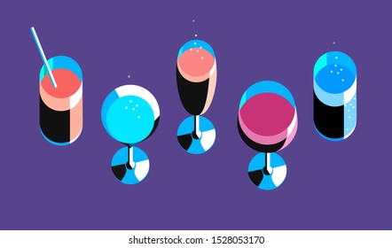 Set of glasses with wine, champagne, juice,  cocktail and sparkling water, top view. Vector illustration