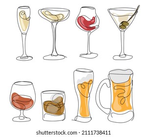 Set of glasses for wine, martini, champagne, whiskey, beer and other. Modern Minimalist Style. One continuous line drawing. Vector illustration