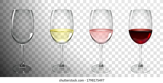 set of glasses with wine on transparent background