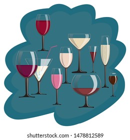 Set of glasses for wine and weak alcoholic beverages. The concept for the design of the menu in bars, restaurants or for postcards. On an abstract blue background.