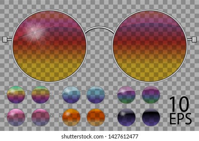 Set glasses.teashades round shape.transparent different color .rainbow  chameleon  pink blue  purple yellow  red  green  orange  black.sunglasses.3d graphics.unisex  women men.