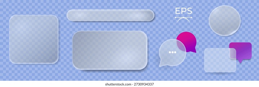 Set of Glassmorphism UI elements with translucent frosted glass panels, buttons and chat bubbles on transparent background. Modern interface components for web, app, UX and UI design.