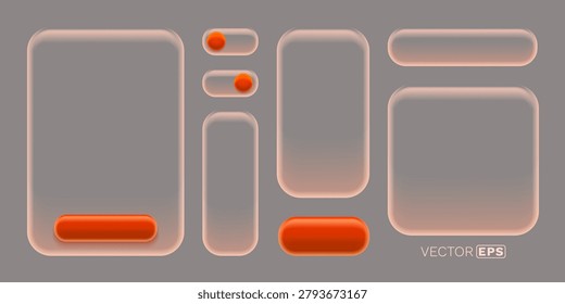 Set of glassmorphism UI elements with translucent frames and orange buttons. This is a modern design kit. Vector illustration.