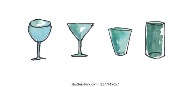 A  set of glasss  drawn by hand. Watercolor set abstract  illustration glass   doodle. The elements are isolated.
