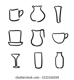 Set of glassware and ceramics doodles: cups, glass, jugs, bottle, and vase