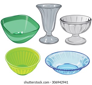 Set of  glassware and glass vase and plastic salad bowls for kitchen vector illustration