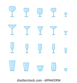  A set of glassware icons. Transparent glasses of different sizes. Glassware for alcohol.