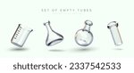Set of glassware for laboratory research, analyzes. Empty glass containers of various sizes and shapes. Classic laboratory equipment. Glowing vector illustration