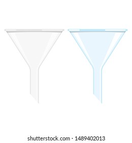 Set glassware and plastic laboratory funnel. Vector flat design cartoon style illustration of chemical laboratory filter funnel instrument equipment isolated on white background.