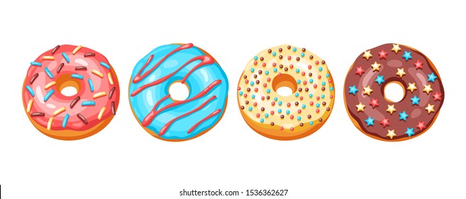 Set of glaze donuts and sprinkles. Illustration of various colored sweet pastries.