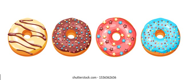 Set of glaze donuts and sprinkles. Illustration of various colored sweet pastries.