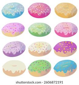 Set of glaze donuts and sprinkles. Illustration of various colored sweet pastries. Pink, purple, yellow, green.
