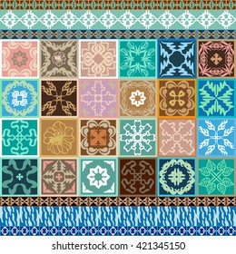 Set of glazed ceramic tiles with colorful borders. Oriental, Tunisian, Moroccan, Spanish motifs. Geometric ornaments, floral prints, bohemian stripes. Abstract vector background.