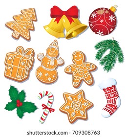 Set of glazed Christmas gingerbread cookies and decorations, fir tree, mistletoe, cartoon vector illustration isolated on white background. Set of Christmas gingerbread cookies and decorations