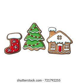 Set of glazed Christmas tree, village house and Santa boot gingerbread cookies, sketch vector illustration isolated on white background. 