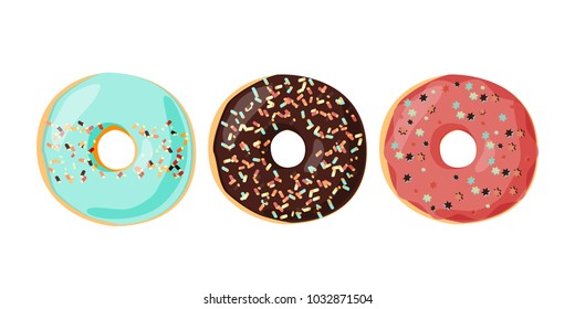 Set of glazed colored donuts with icing sprinkles. Vector illustration.