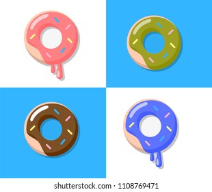 Set of glazed donut or doughnuts with sprinkles isolated on blue and white background,  illustration vector.