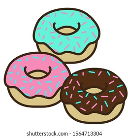 A set of glazed donuts with colored sprinkles. Food illustration. Bright print. Sweet dessert. Set of icons isolated on white.