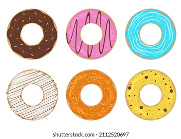Set of glazed donuts. Colorful flat donuts. Sweet dessert design top view. Unhealthy food, fast food vector illustration