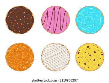 Conjunto de donuts acristalados. Donuts planos y coloridos. Vista superior de diseño de postres dulces. Alimentos insalubres, ilustraciones vectoriales de comida rápida