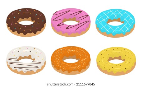 Set of glazed donuts. Colorful isometric donuts. Sweet dessert 3d design. Unhealthy food, fast food vector illustration