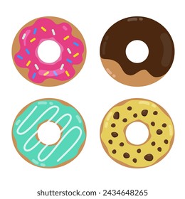 Set of glazed donuts. Sprinkle, strawberry, chocolate, mint, pistachio, banana flavor. Sweet food, pastry.