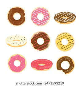 Set of glazed donuts. Top view of colorful desserts. Assorted donuts, sweet birthday pastry. Collection of chocolate confectionery dessert. Vector illustration, flat style.