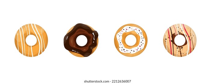 Set of glazed doughnuts. Collection of tasty donuts with icing. Pastry concept. Confectionary menu. Sweet bakery with chocolate. Flat vector illustration.